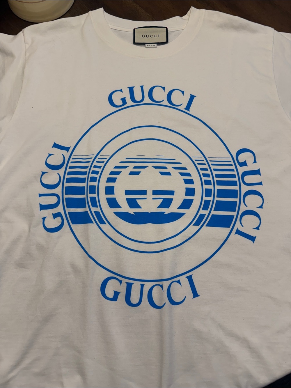 Gucci White T-Shirt with Bright Blue Circular Logo